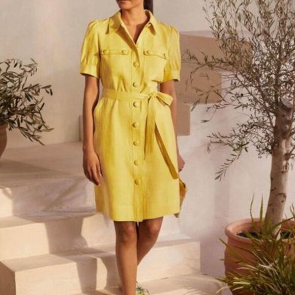 NWOT Boden Carrie Linen Women's Shirt Dress Daffodil Size 6P Yellow with Belted - Picture 1 of 9